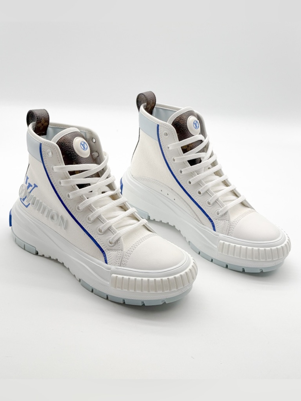Louis Vuitton White Blue Canvas Squad High Top Sneakers LV Monogram EU 38 US 8